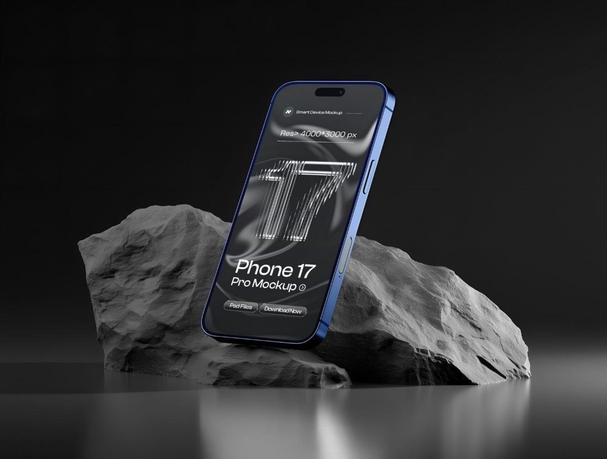 暗黑风格苹果iPhone 17 Pro时尚场景界面布局品牌展示PSD+Figma样机套装 Phone 17 Pro on Black Background Mockup Set – 06 Scene（13891）