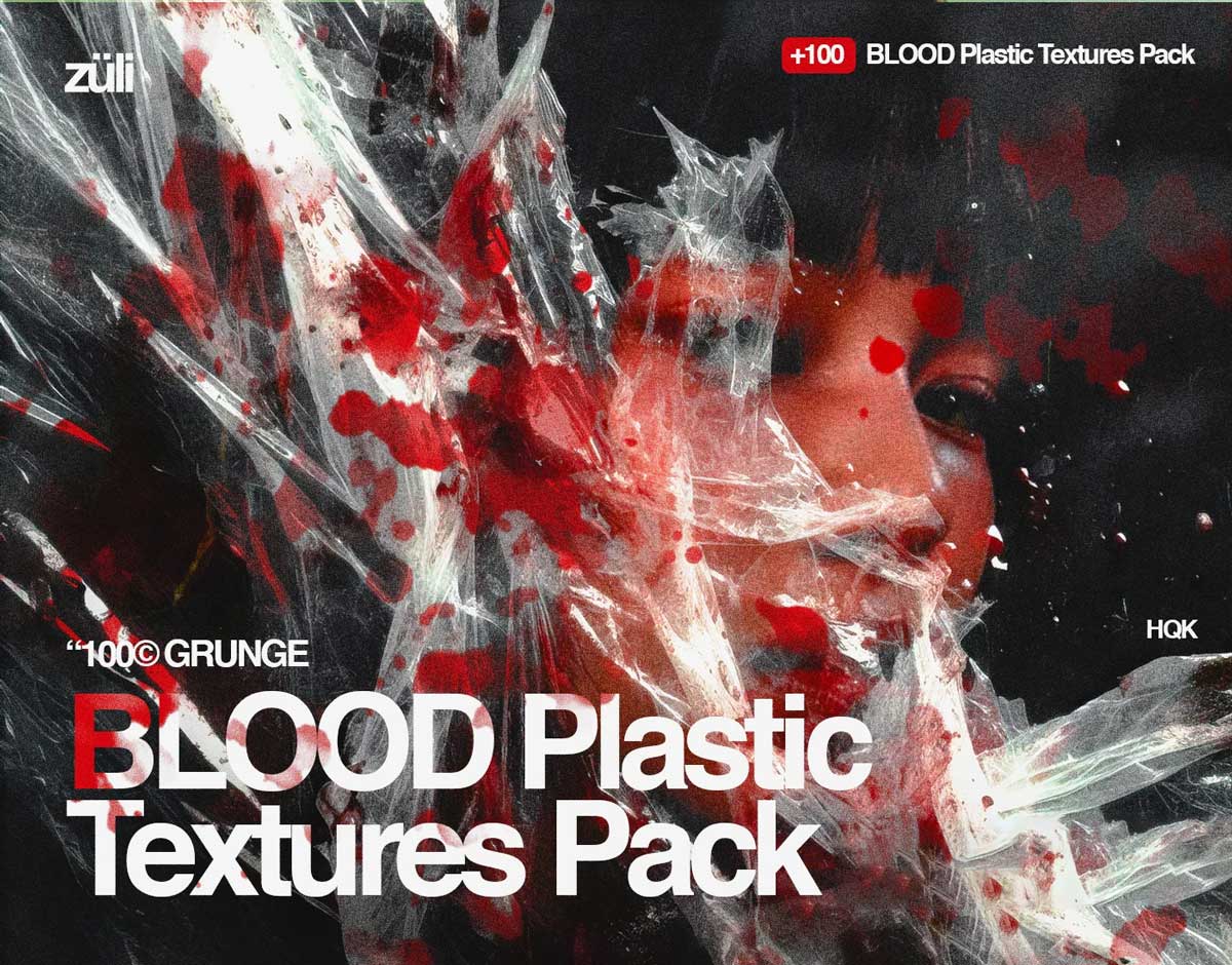 100个逼真撕裂染血塑料袋血液塑料薄膜保鲜膜万圣节恐怖背景肌理纹理图片设计套装 Züli – +100 BLOOD Plastic Textures Pack（13507）