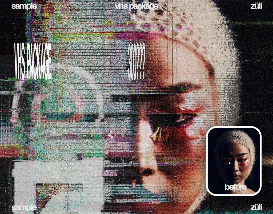 复古VHS信号故障扭曲失真抽象颗粒噪点图像滤镜叠加纹理+PSD特效样机 Züli – VHS Package Textures&Effects（）