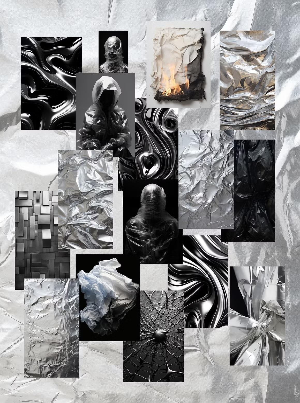 110个赛博未来主义科技金属镀铬抽象艺术背景肌理PNG元素拼贴剪贴画设计套装 Futuristic Mixed Media（13614）