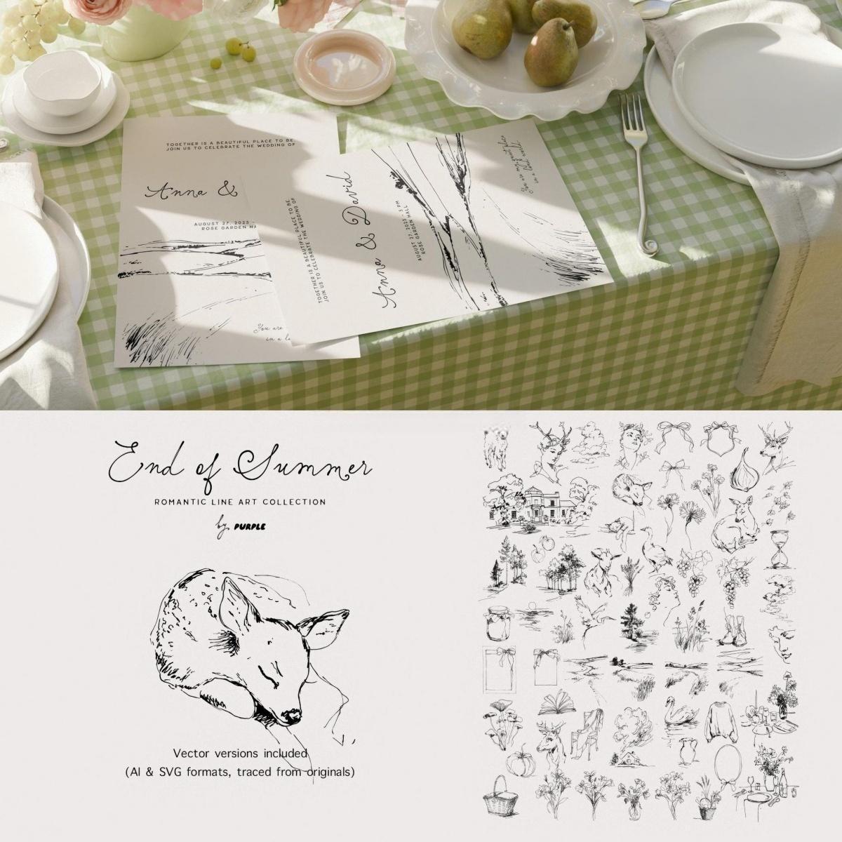 60个怀旧优雅极简手绘线条剪影干花野果宁静的风景天鹅鹿AI矢量请柬插画包装PNG图片设计素材 End of Summer: Line Art Collection（13088）