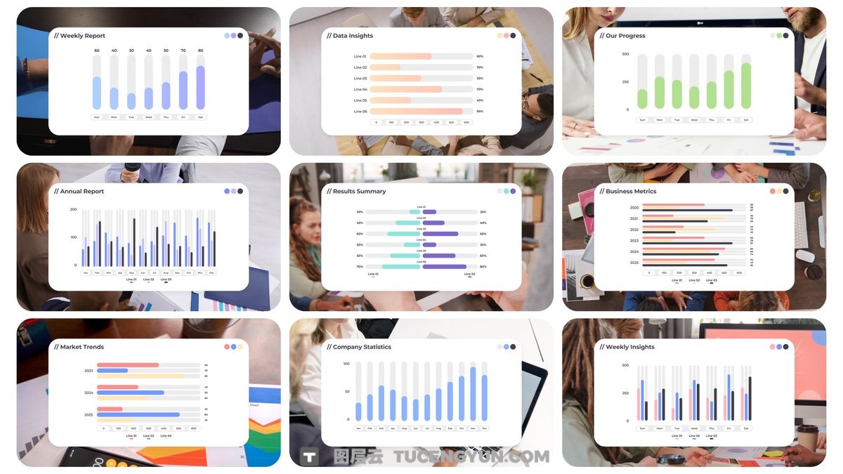 达芬奇模板：多类型信息图表条形图、折线图、饼图、图表、条形图、折线图元素动画（13372）