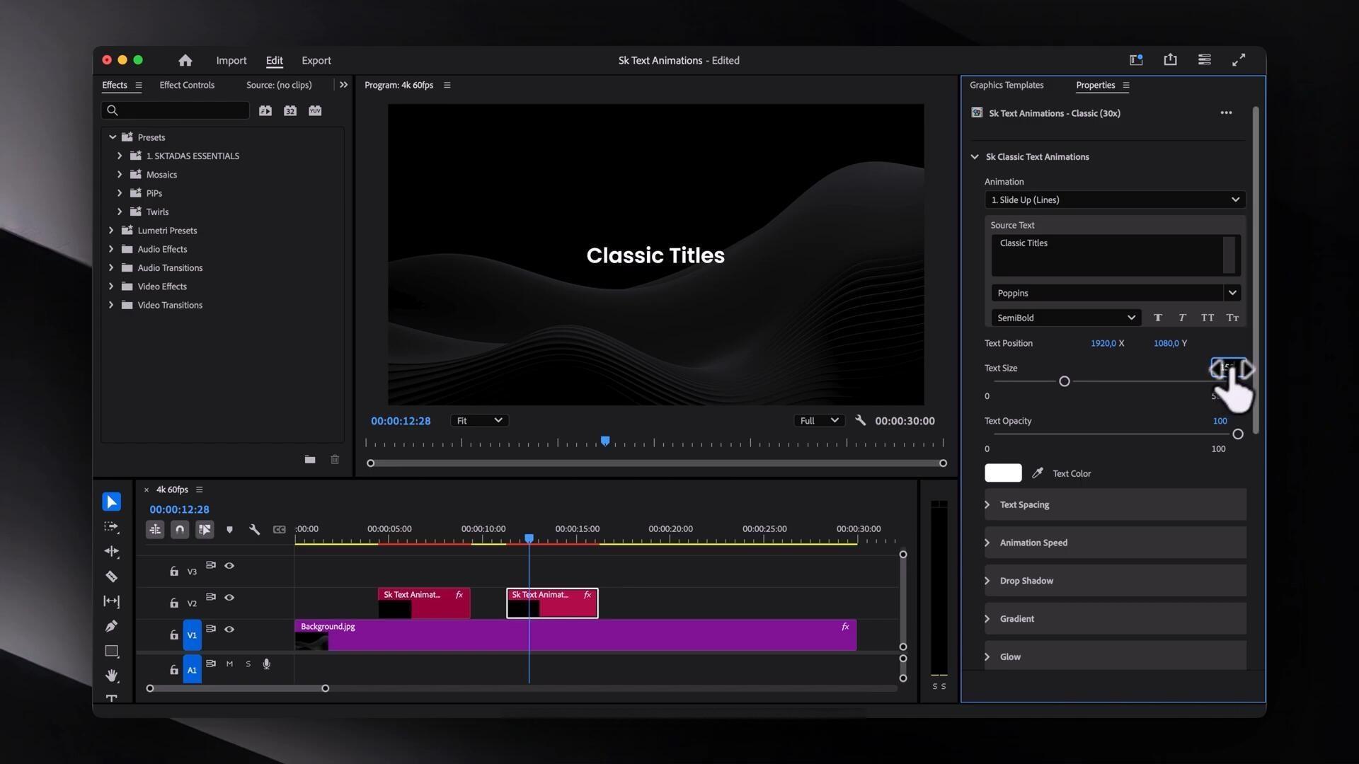 SKTadas 50种热门一键式文字标题缓入缓出渐变、发光、摆动、投影动画效果模板 SKTadas – Premiere Pro Text Animations（13691）