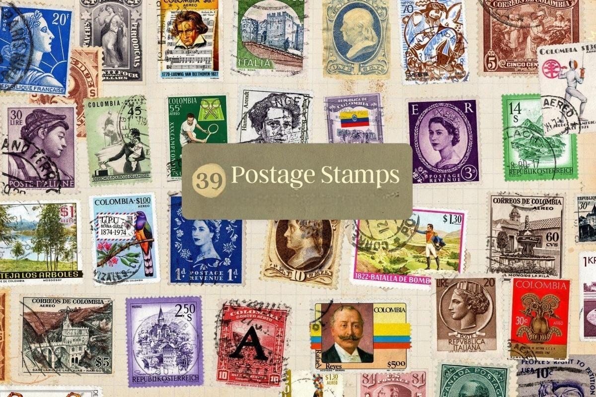 170个复古拼贴艺术磨损撕纸邮票菜单手写信件情书标签印刷书页PNG免扣背景设计元素 Vintage Ephemera Paper Pack（13043）