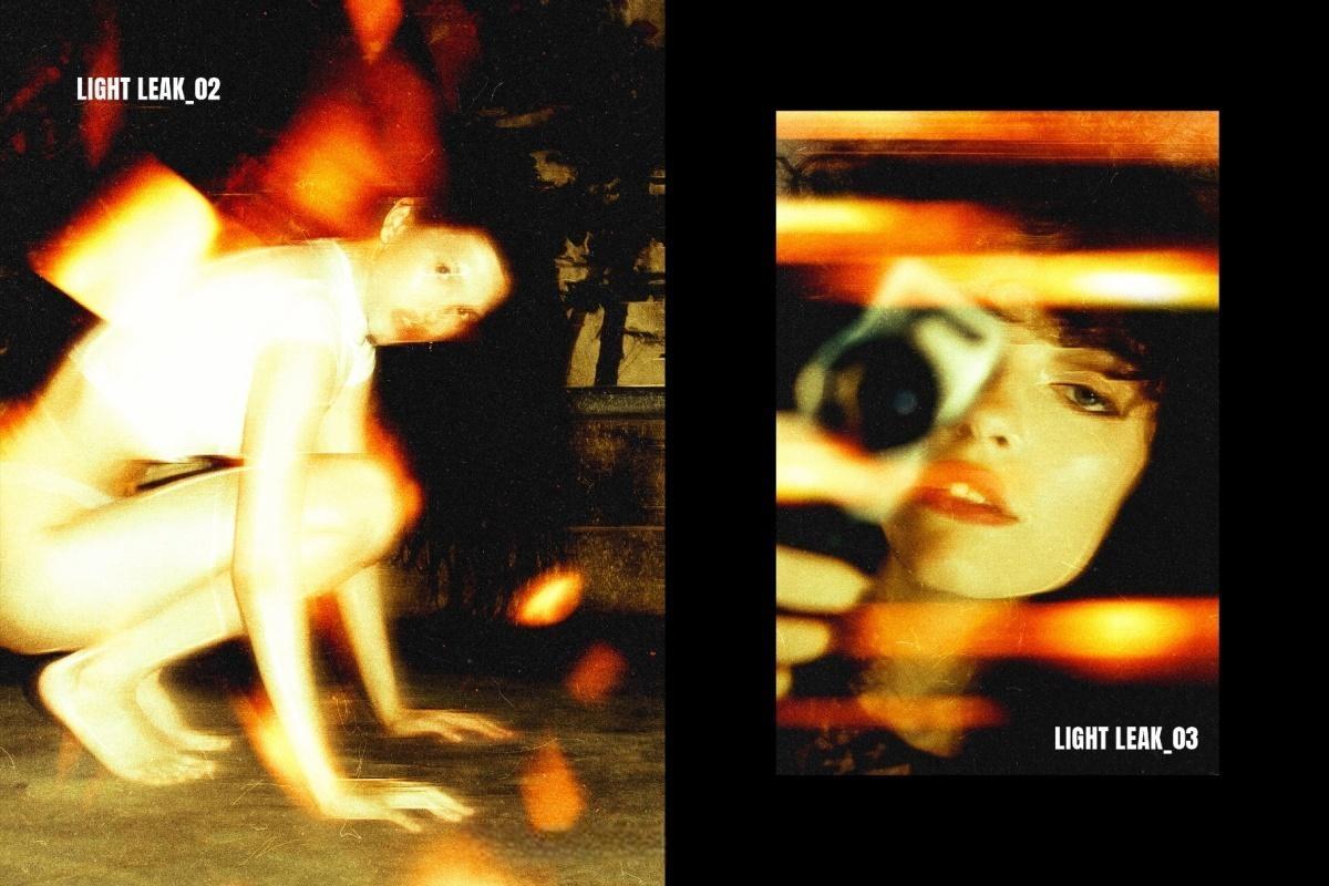 老式胶片相机发光条纹烧伤漏光效果叠加层PSD特效样机 Analogue Light Leak Photo Effect（13634）