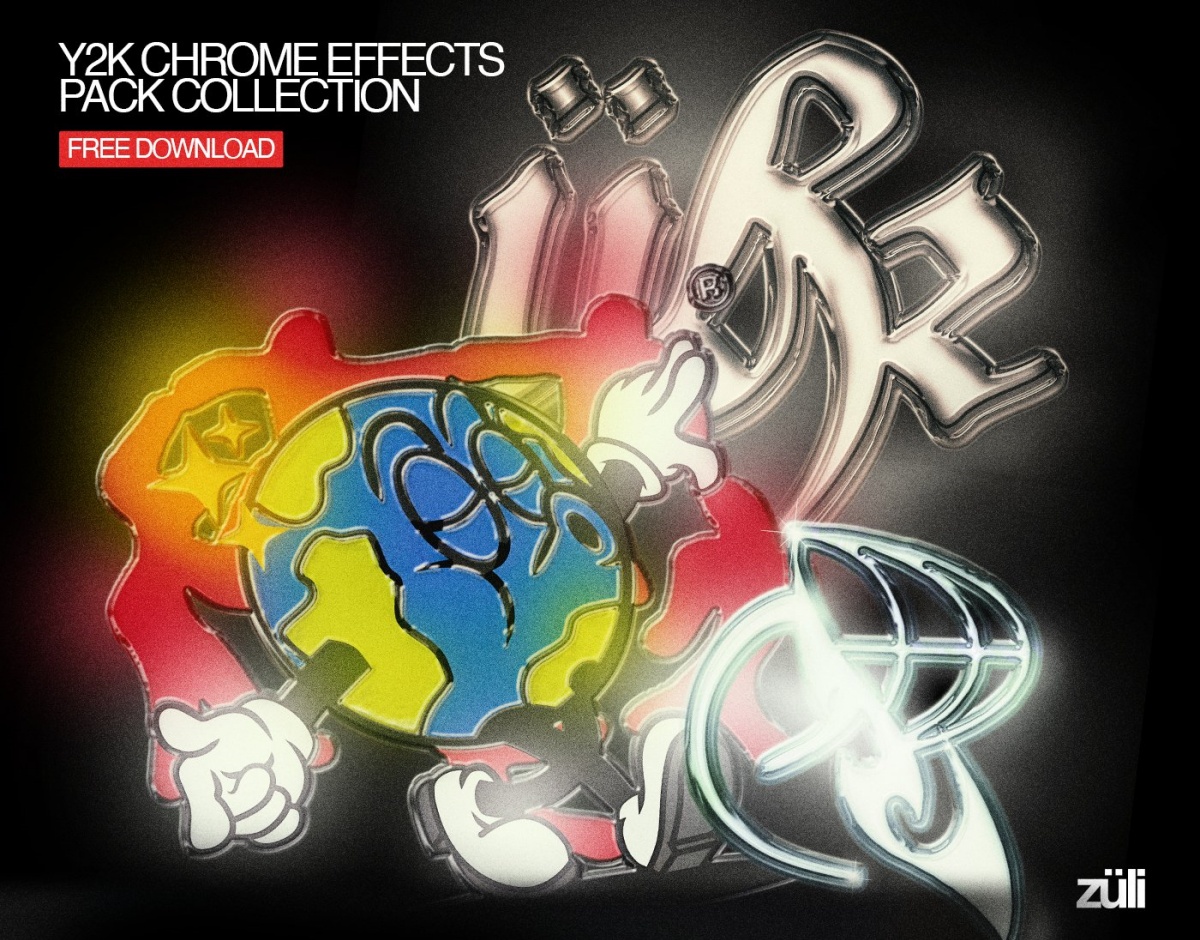 复古Y2Y风格梦幻发光酸性金属镀铬PSD特效样机 Züli – Y2k Chrome Effect Pack Collection (Text-Icon-Shape)