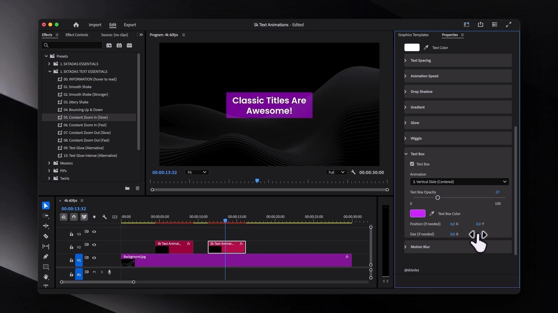 SKTadas 50种热门一键式文字标题缓入缓出渐变、发光、摆动、投影动画效果模板 SKTadas – Premiere Pro Text Animations（13691）