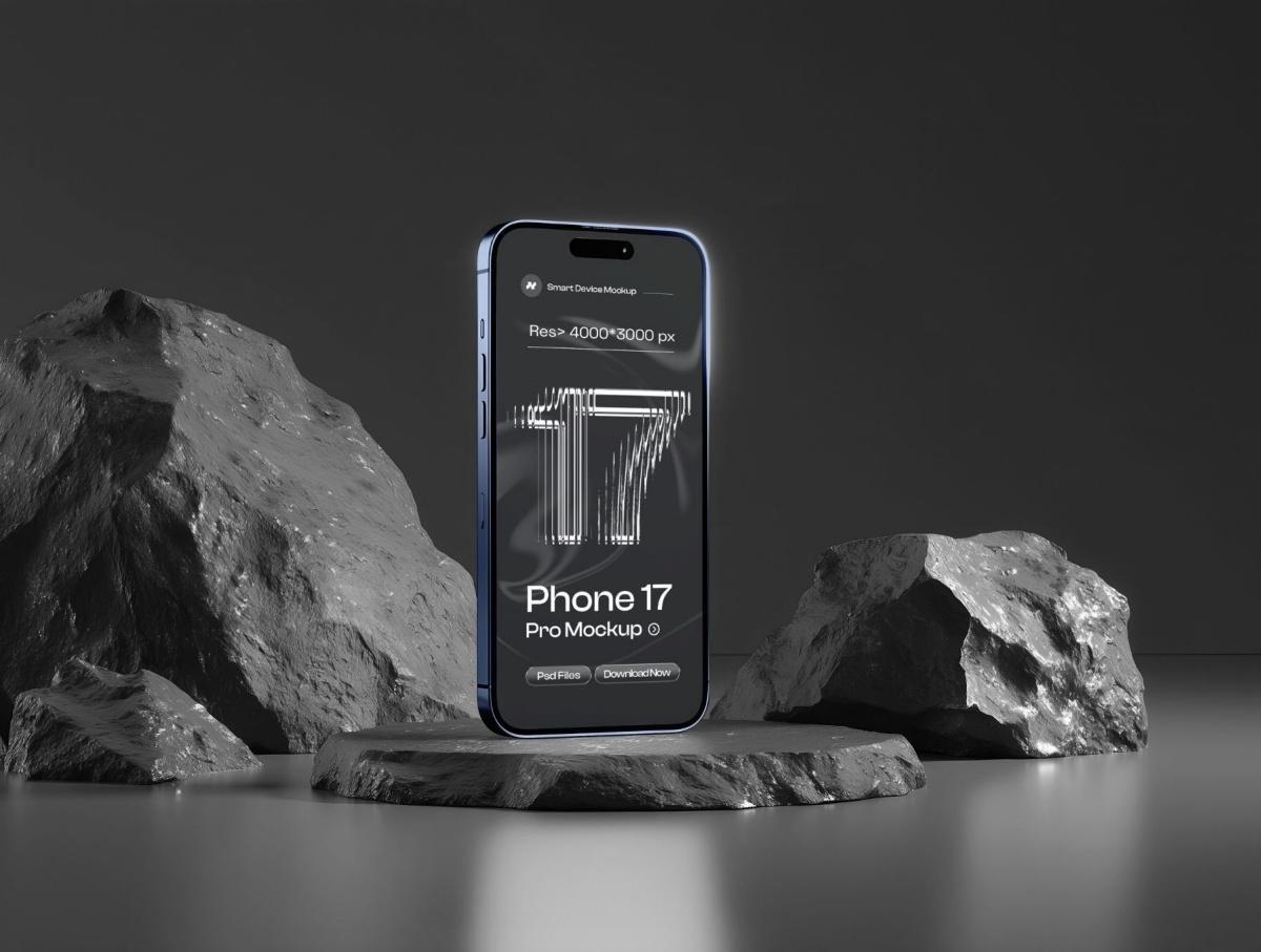 暗黑风格苹果iPhone 17 Pro时尚场景界面布局品牌展示PSD+Figma样机套装 Phone 17 Pro on Black Background Mockup Set – 06 Scene（13891）