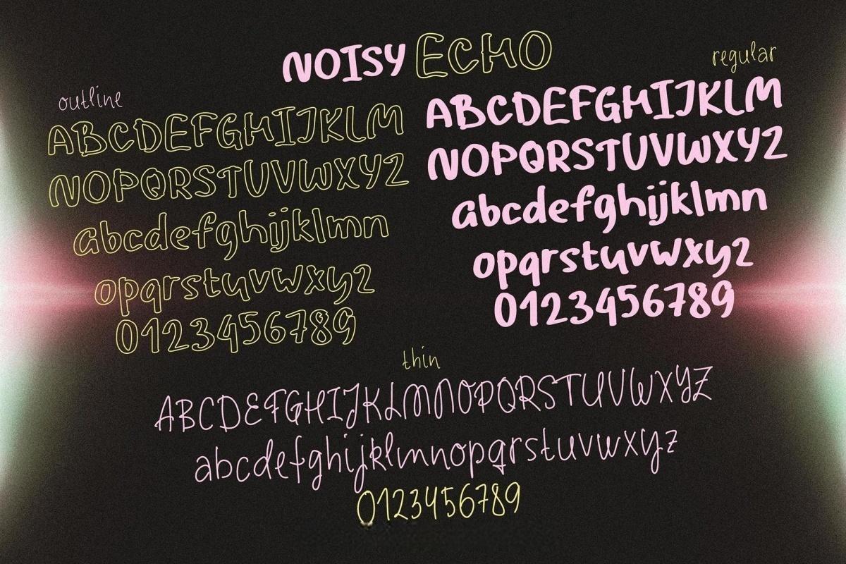 英文字体：慵懒俏皮VLOG旅拍手写风格手绘镂空涂鸦广告短片海报封面字体 Noisy Echo — Handwritten Font Trio（13174）