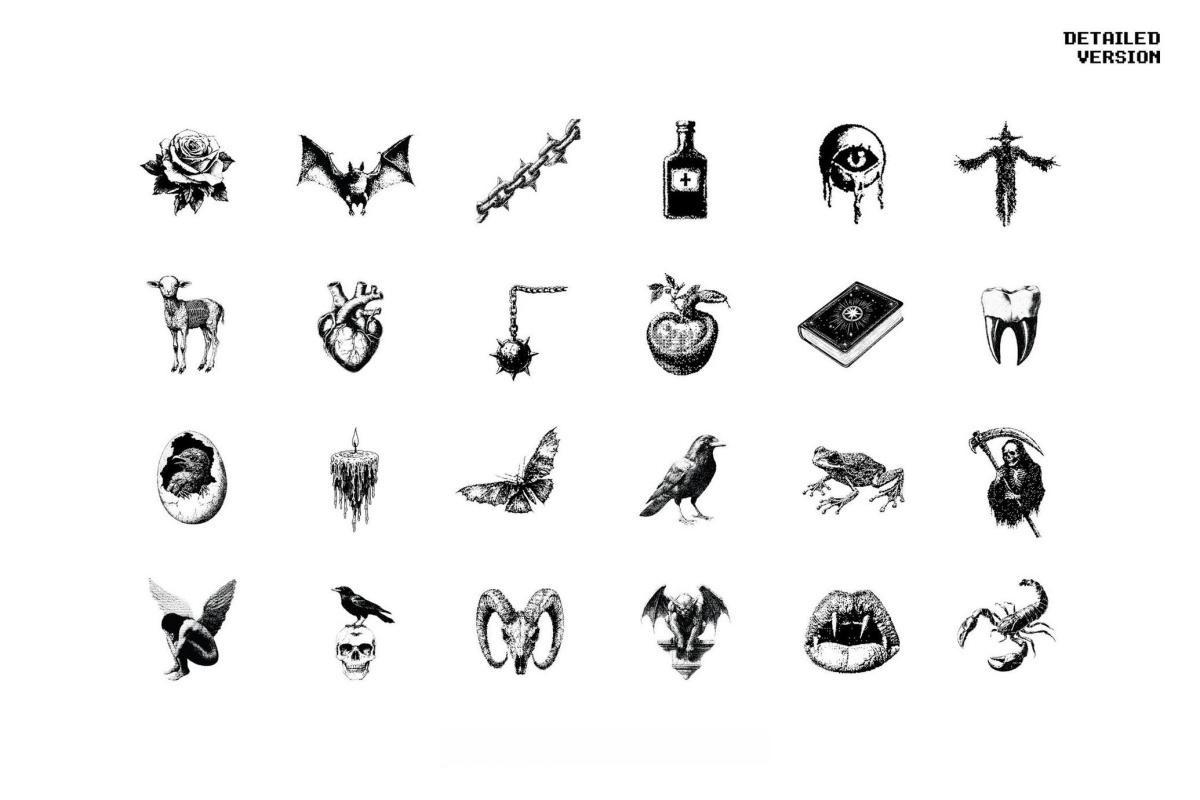 120款暗黑仿旧Y2K低保真像素颗粒位图艺术AI矢量插画图形PNG图片设计元素套装 Dark Aesthetic Dithering Graphic Bundle（13257）