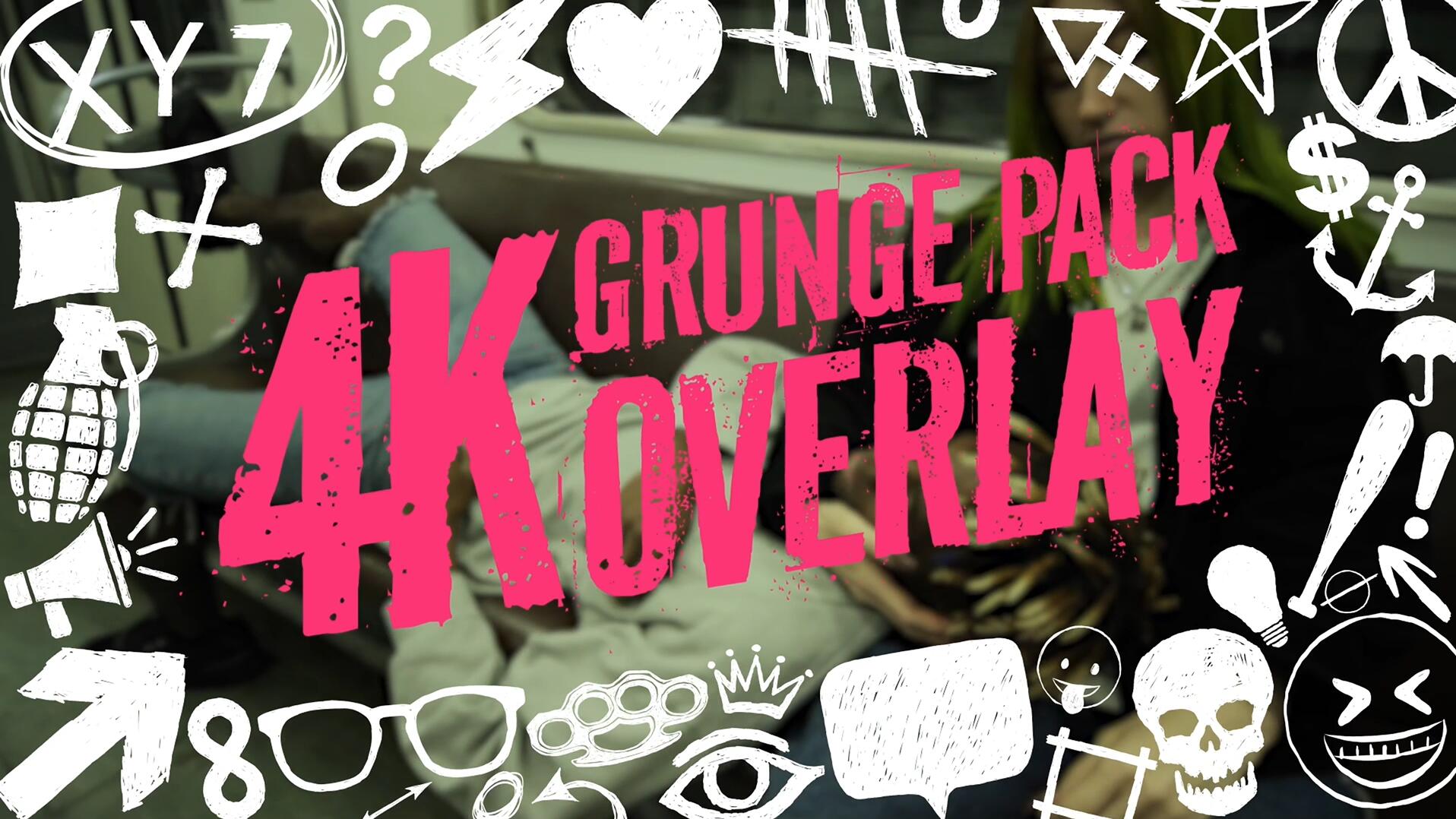 107个创意风格污垢垃圾摇滚手绘笔触、箭头、表情、字母、框架、气泡、数字、背景叠加透明通道视频素材（13046）