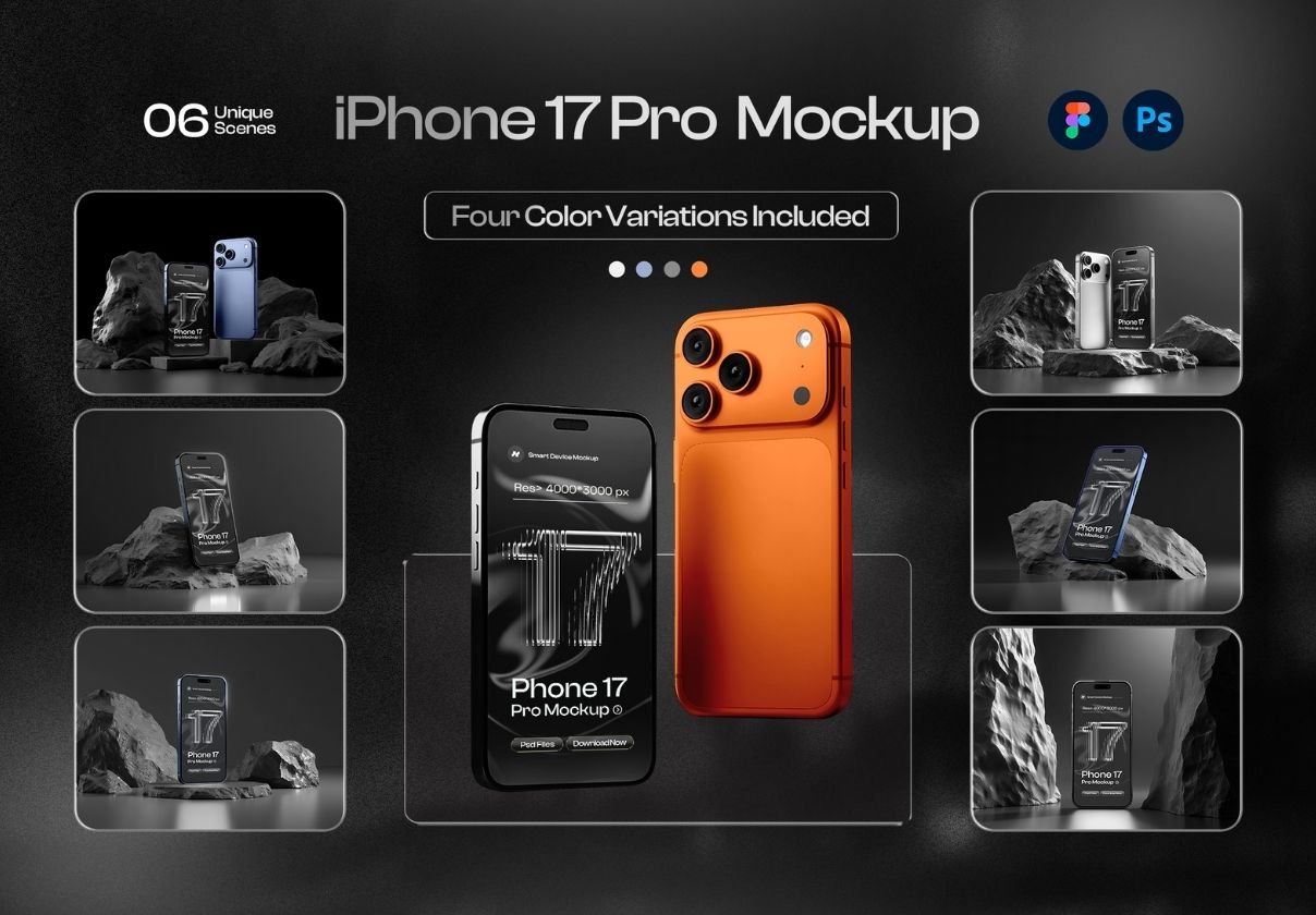 暗黑风格苹果iPhone 17 Pro时尚场景界面布局品牌展示PSD+Figma样机套装 Phone 17 Pro on Black Background Mockup Set – 06 Scene（13891）