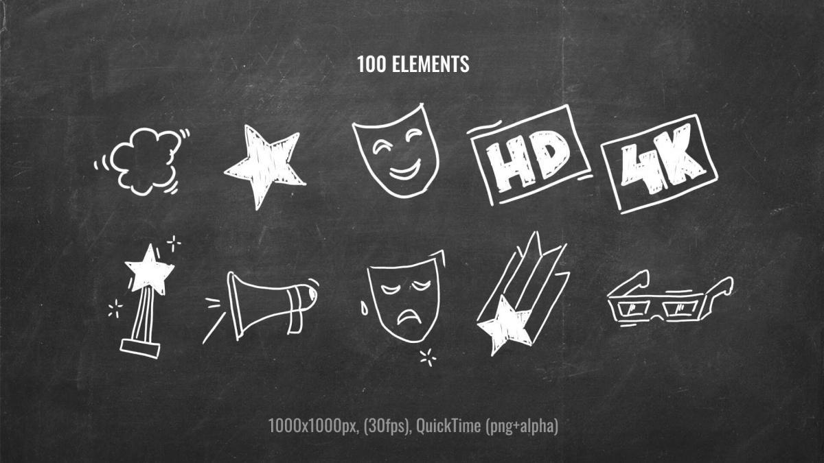 632个真实趣味粉笔手绘星星心形泡泡箭头圆圈标记单词字母符号表情动画透明通道视频素材包（13044）