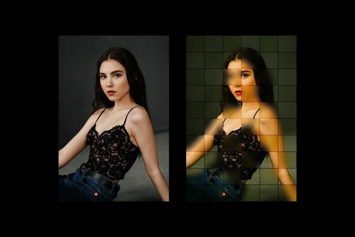 创意风格渐变弥散光网格像素方块效果PSD特效样机 Square Glass Tile Photo Effect（13313）