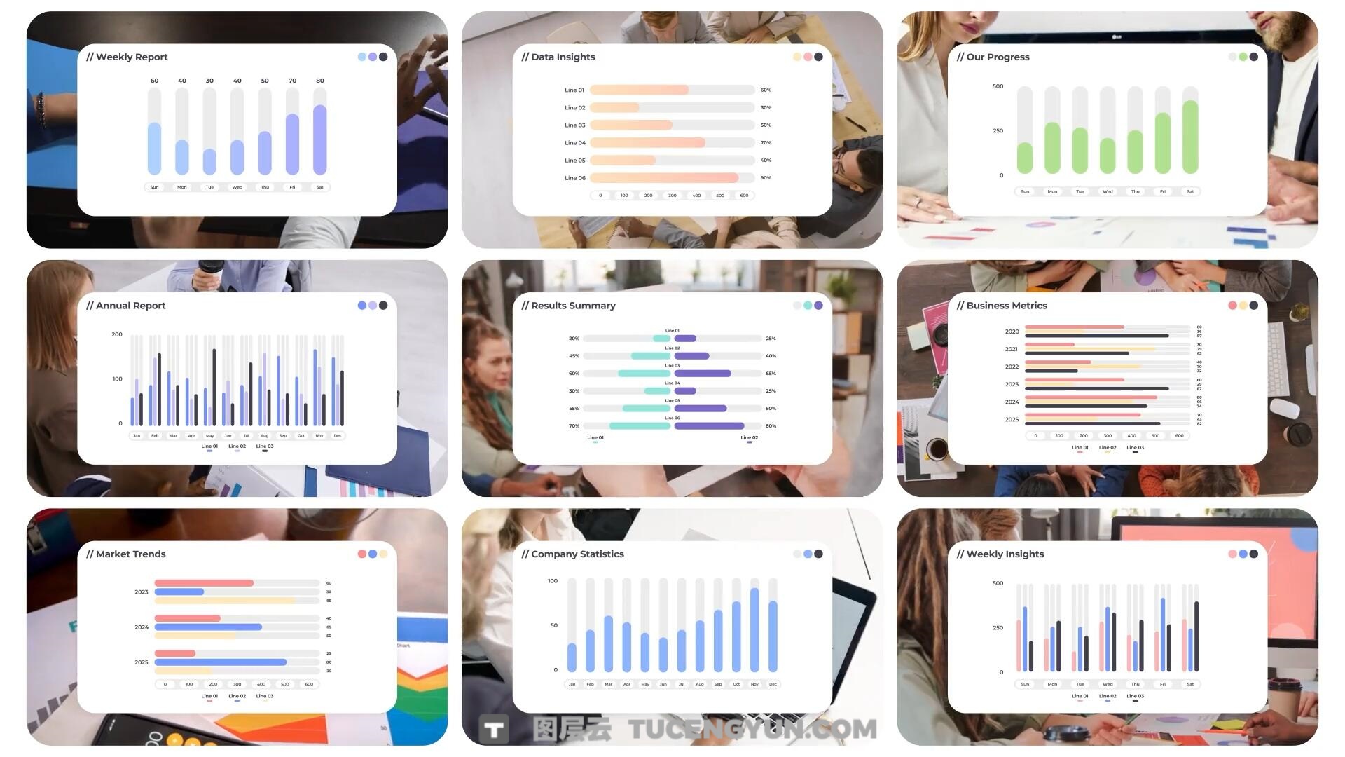 达芬奇模板：多类型信息图表条形图、折线图、饼图、图表、条形图、折线图元素动画（13372）