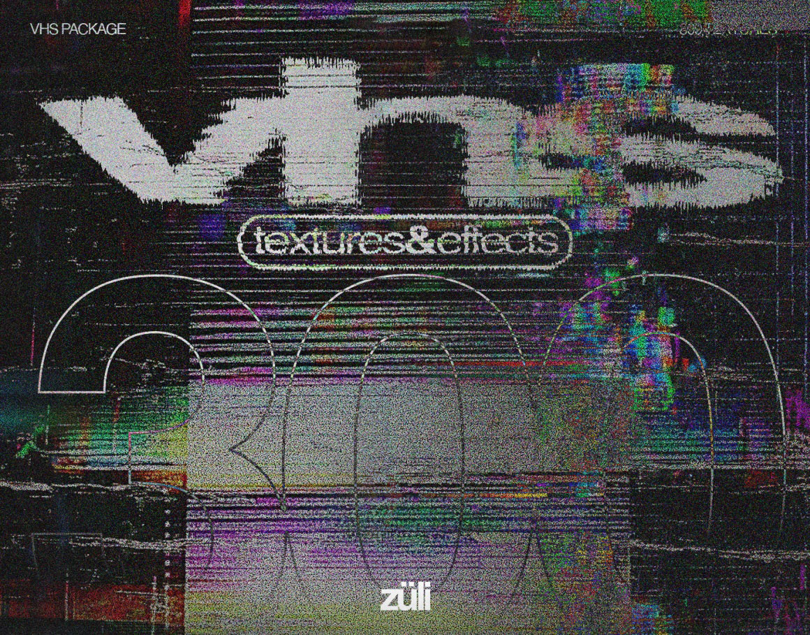 复古VHS信号故障扭曲失真抽象颗粒噪点图像滤镜叠加纹理+PSD特效样机 Züli – VHS Package Textures&Effects（）
