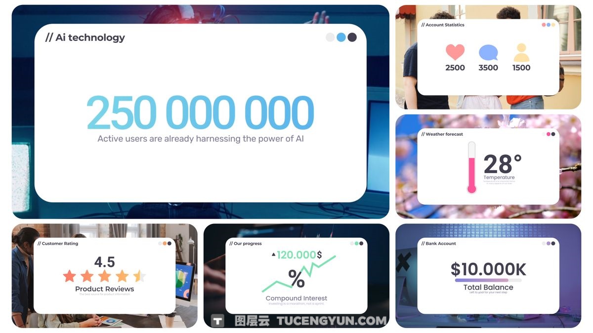 达芬奇模板：多类型信息图表条形图、折线图、饼图、图表、条形图、折线图元素动画（13372）