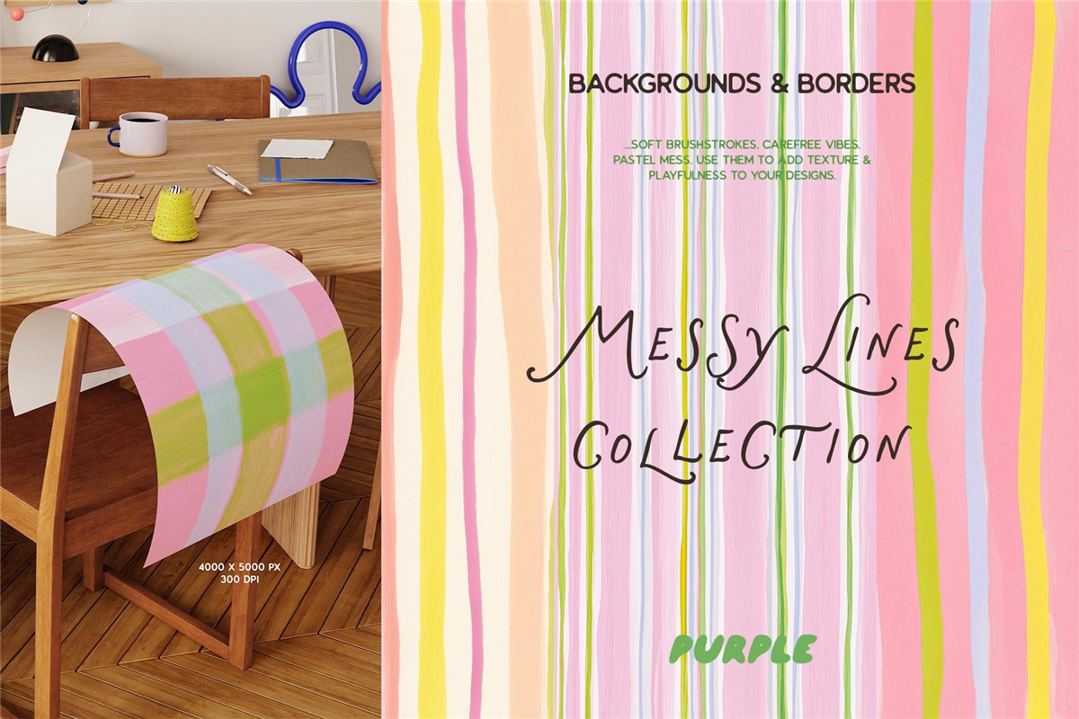 80个凌乱趣味柔和撞色条纹波浪线手绘颜料涂鸦JPG背景PNG免扣边框图片设计元素套装 Messy Lines: Backgrounds & Borders（13211）
