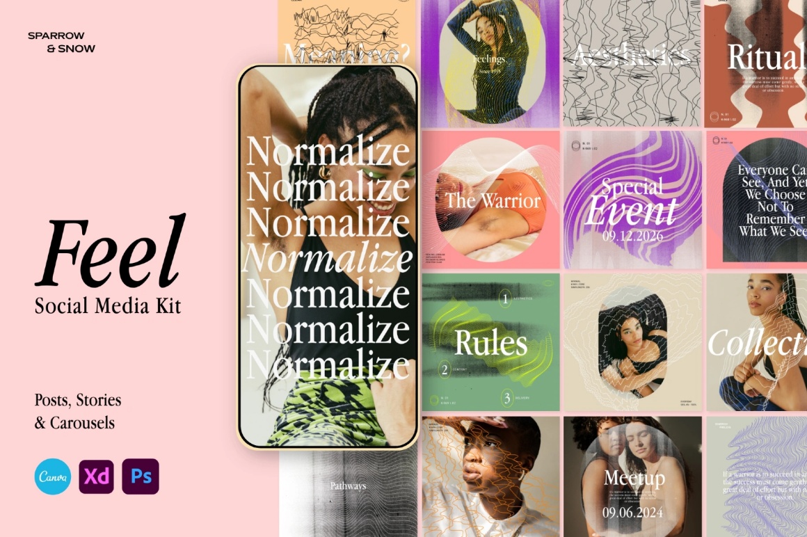 75款90年代风格INS多尺寸社交媒体图文海报排版布局PSD模板设计套装 Feel – Social Media Kit（13621）