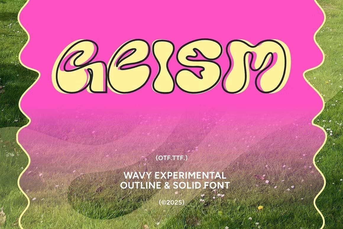 英文字体：复古时髦Y2K风格欢快波浪形斑点状曲线气泡封面海报设计字体 Geism – Solid & Outline（13689）