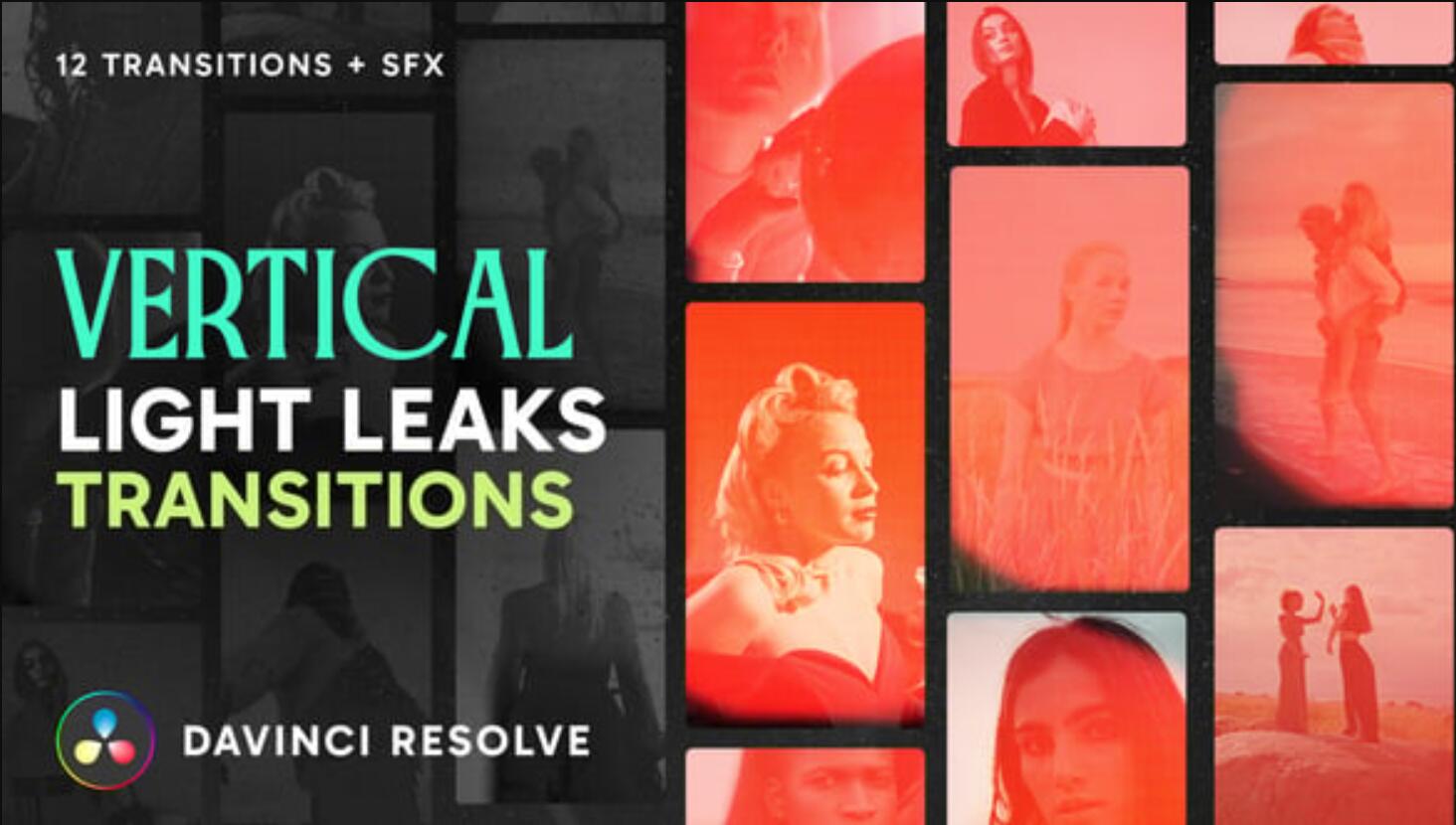 达芬奇模板：复古老电影胶片燃烧损伤漏光视频剪辑叠加4K视频竖屏转场过渡+音效（13459）