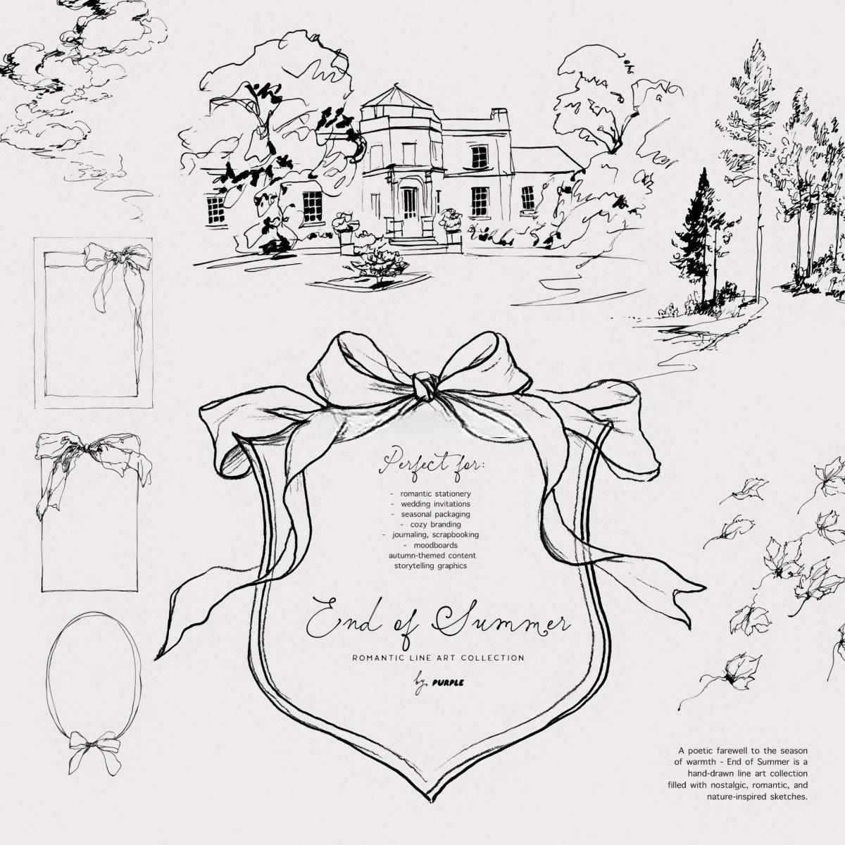60个怀旧优雅极简手绘线条剪影干花野果宁静的风景天鹅鹿AI矢量请柬插画包装PNG图片设计素材 End of Summer: Line Art Collection（13088）