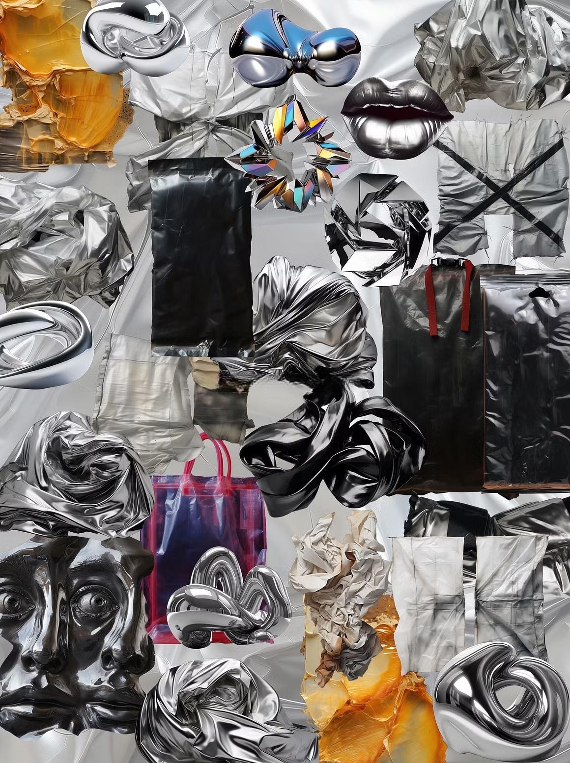 110个赛博未来主义科技金属镀铬抽象艺术背景肌理PNG元素拼贴剪贴画设计套装 Futuristic Mixed Media（13614）