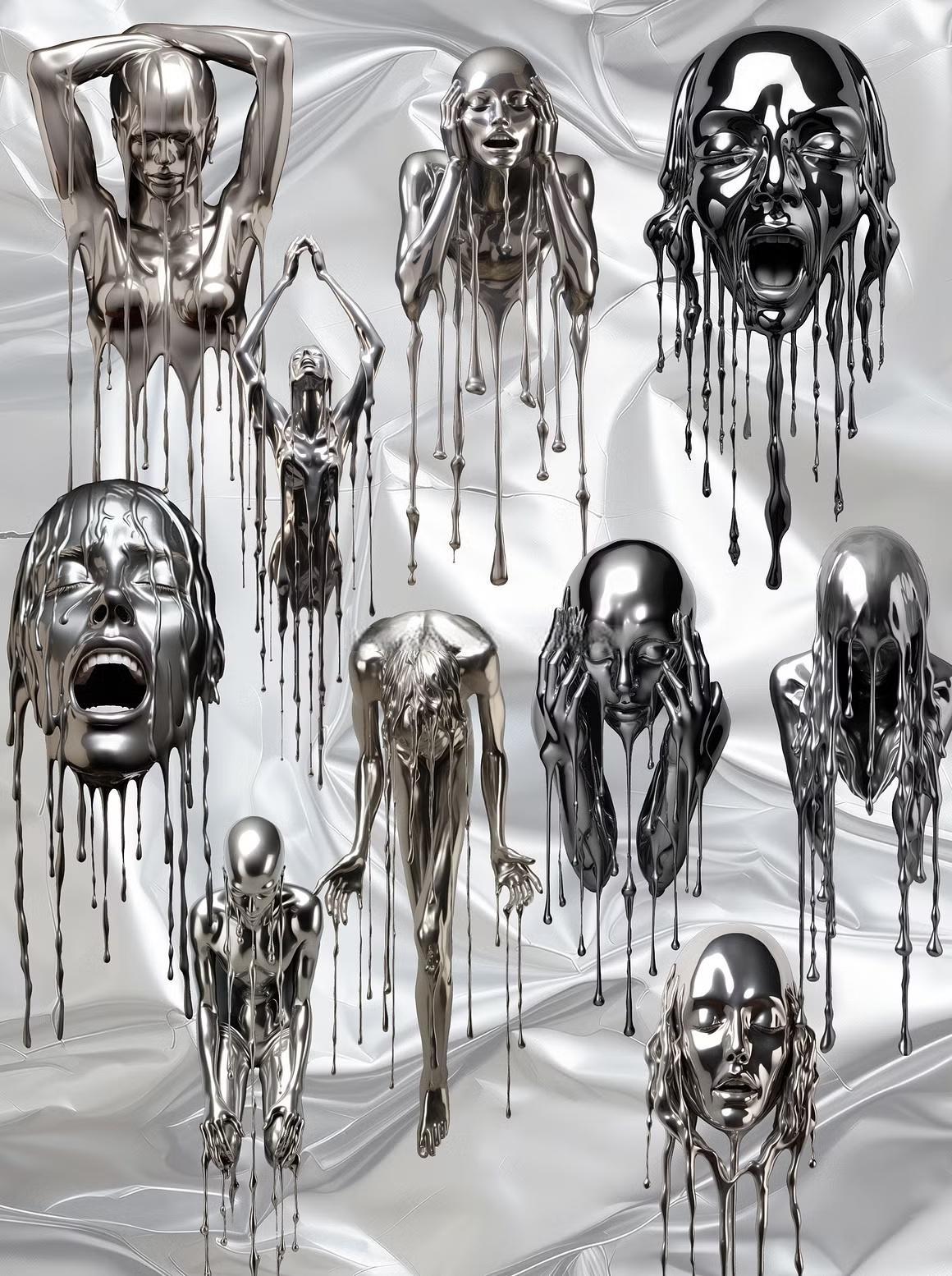 110个赛博未来主义科技金属镀铬抽象艺术背景肌理PNG元素拼贴剪贴画设计套装 Futuristic Mixed Media（13614）