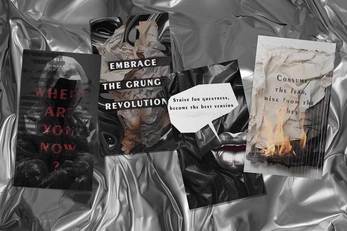 110个赛博未来主义科技金属镀铬抽象艺术背景肌理PNG元素拼贴剪贴画设计套装 Futuristic Mixed Media（13614）