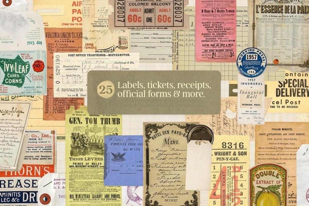 170个复古拼贴艺术磨损撕纸邮票菜单手写信件情书标签印刷书页PNG免扣背景设计元素 Vintage Ephemera Paper Pack（13043）