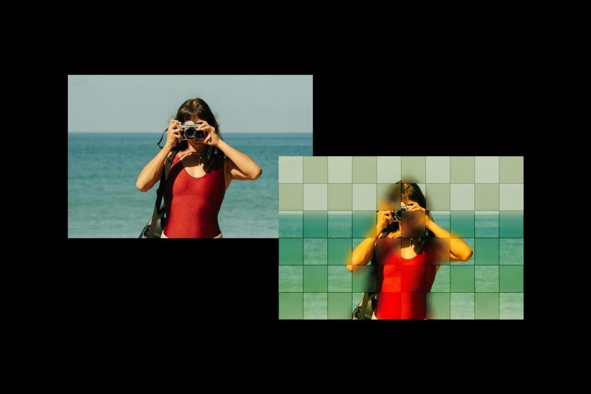 创意风格渐变弥散光网格像素方块效果PSD特效样机 Square Glass Tile Photo Effect（13313）