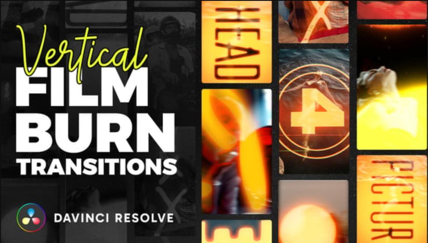 达芬奇模板：复古胶片燃烧文字刻录电影放映机竖屏转场过渡+音效（13702）