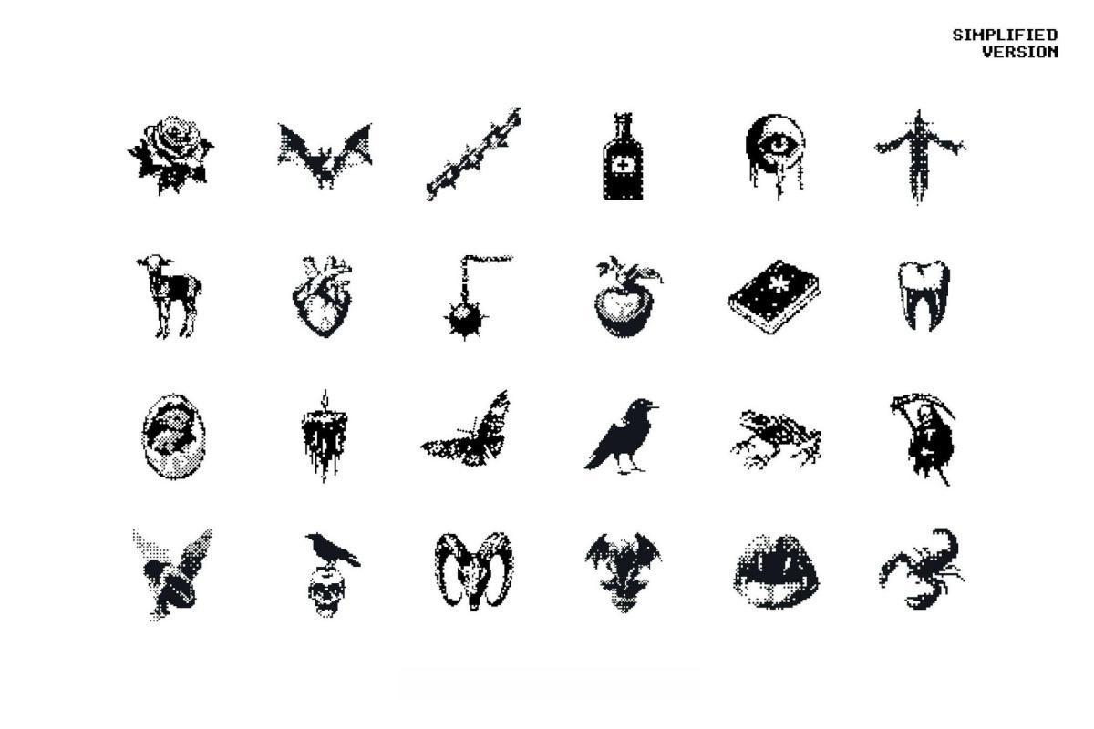 120款暗黑仿旧Y2K低保真像素颗粒位图艺术AI矢量插画图形PNG图片设计元素套装 Dark Aesthetic Dithering Graphic Bundle（13257）