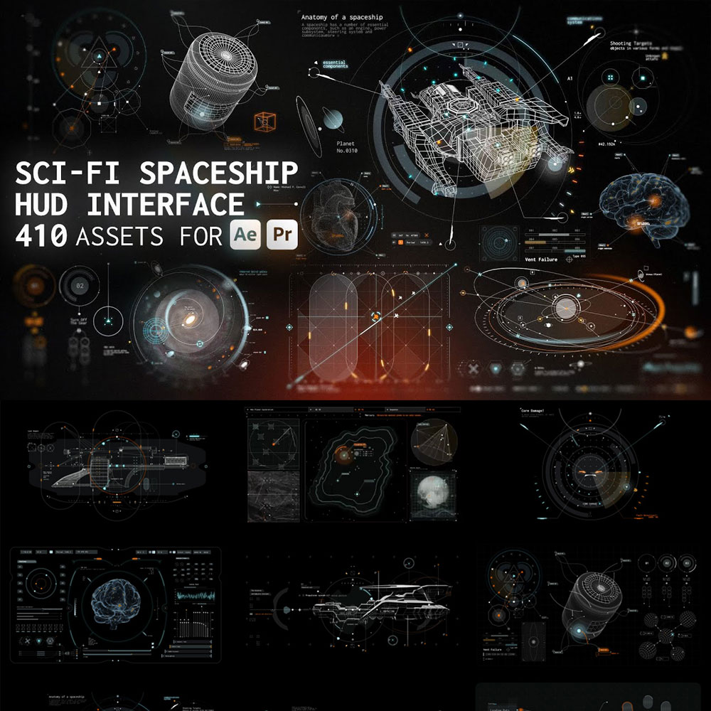 820款全息未来科幻美学沉浸式宇宙飞船HUD界面元素科技视频叠加4K背景动画AE/PR模板 Pixflow – Sci-fi Spaceship HUD Interface（13310）