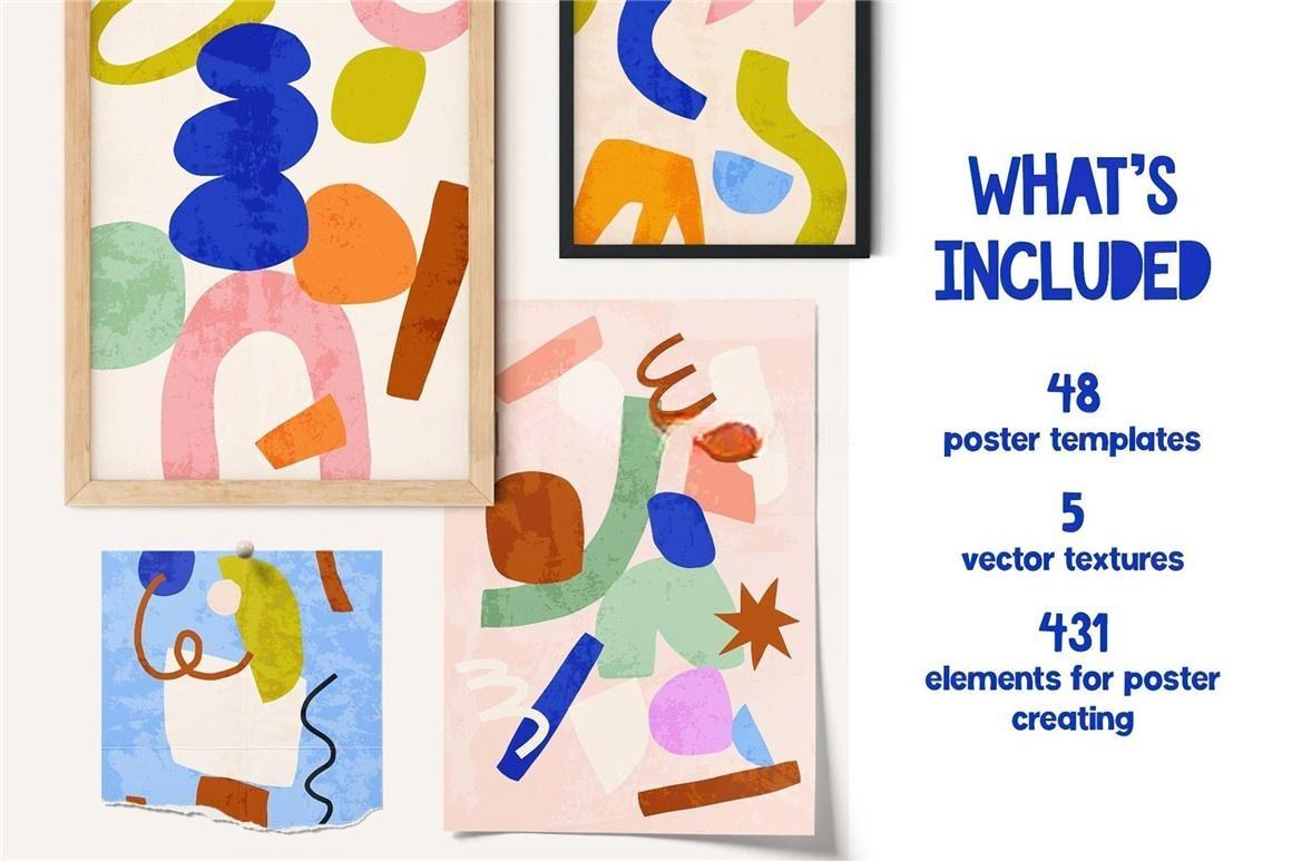 400多个大胆孟菲斯风格剪纸艺术几何抽象艺术矢量图形插图海报挂画设计免扣元素素材 Cutout Prints — Wall Art Collection（12937）