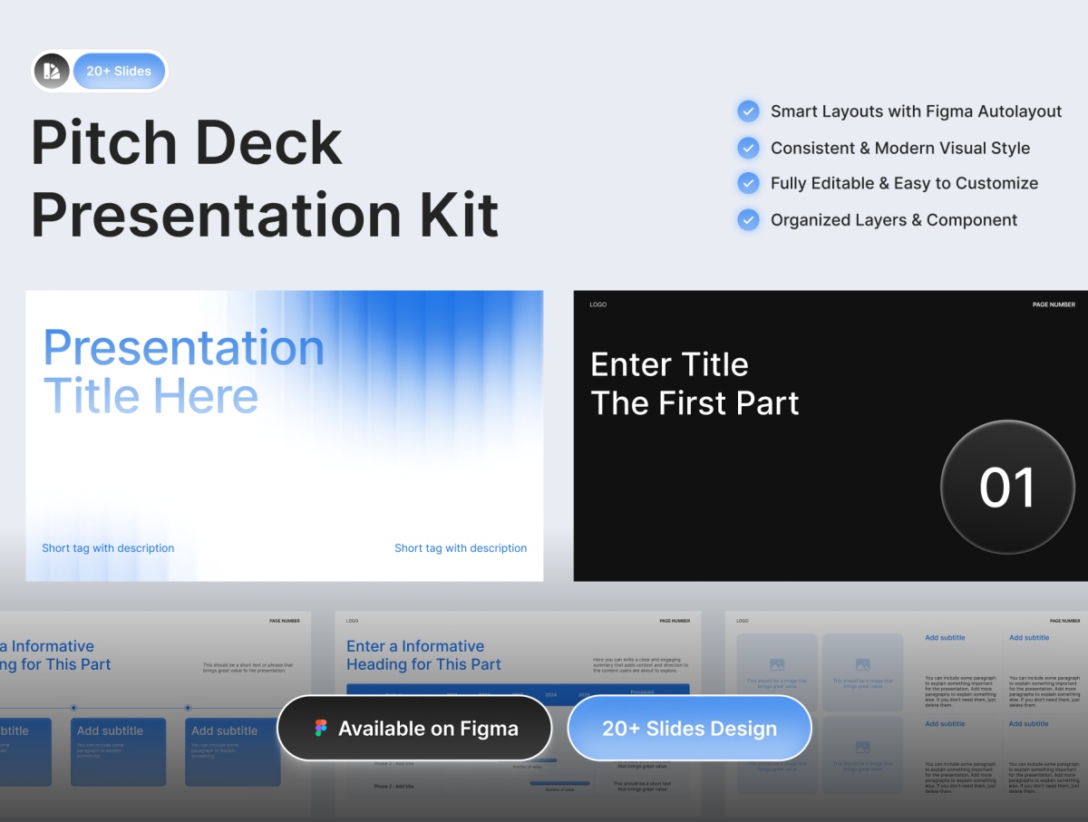 PPT模板：25页极简商业战略策划企业年度报表简报幻灯片设计ppt/figma模板 Blura – Pitch Deck Kit（13991）