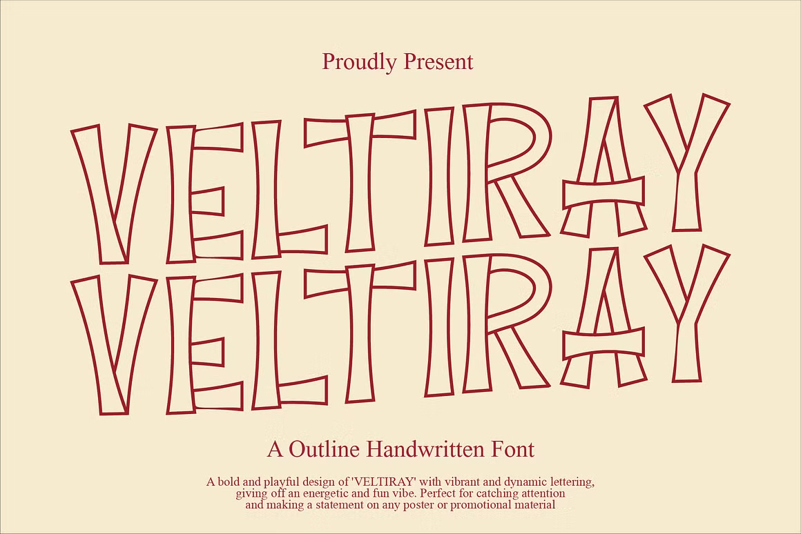英文字体：慵懒俏皮VLOG旅拍手写风格手绘镂空轮廓涂鸦广告短片海报封面字体 Veltiray – Outline Font（13937）
