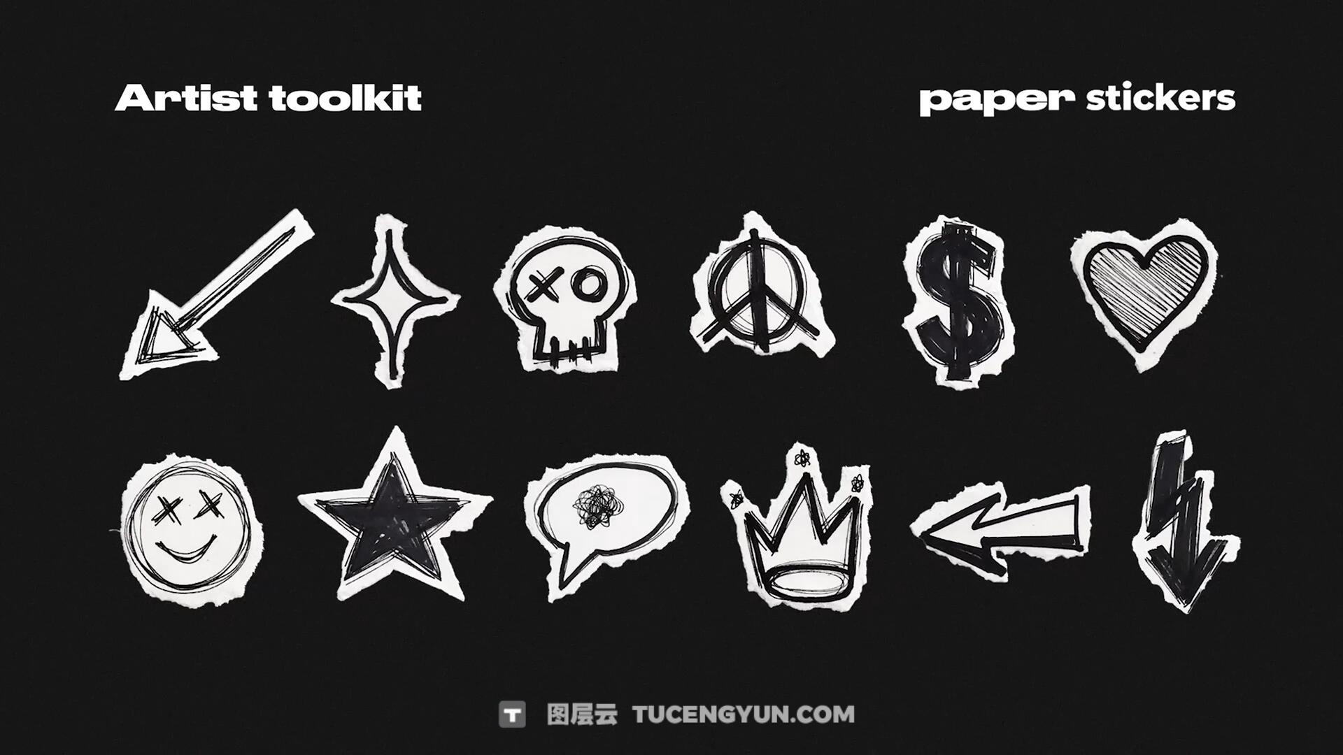 205个复古拼贴艺术垃圾摇滚涂鸦纸张、纸框、贴纸、纸张过渡、胶带碎片视频剪辑素材包（14008）