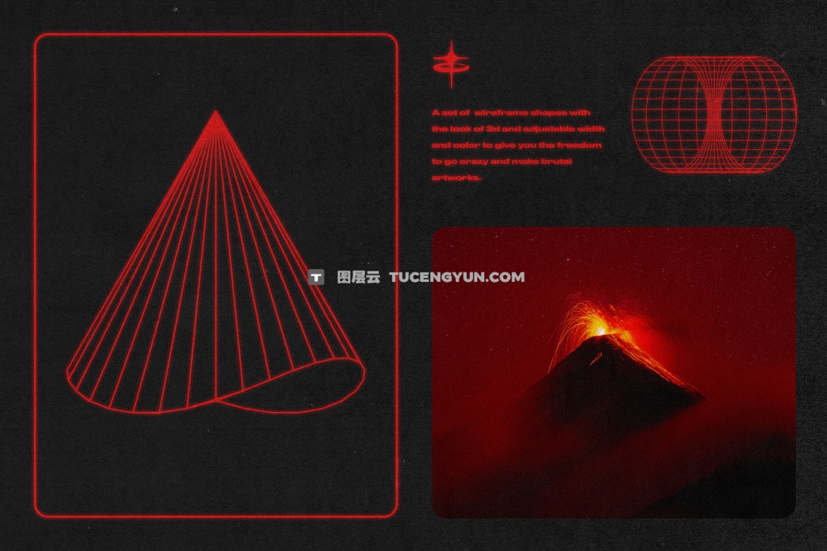88种赛博朋克科技未来抽象艺术波浪网格线条图线框AI、SVG、EPS、PNG设计元素套装 Pixflow – Wireframe Shapes（13919）