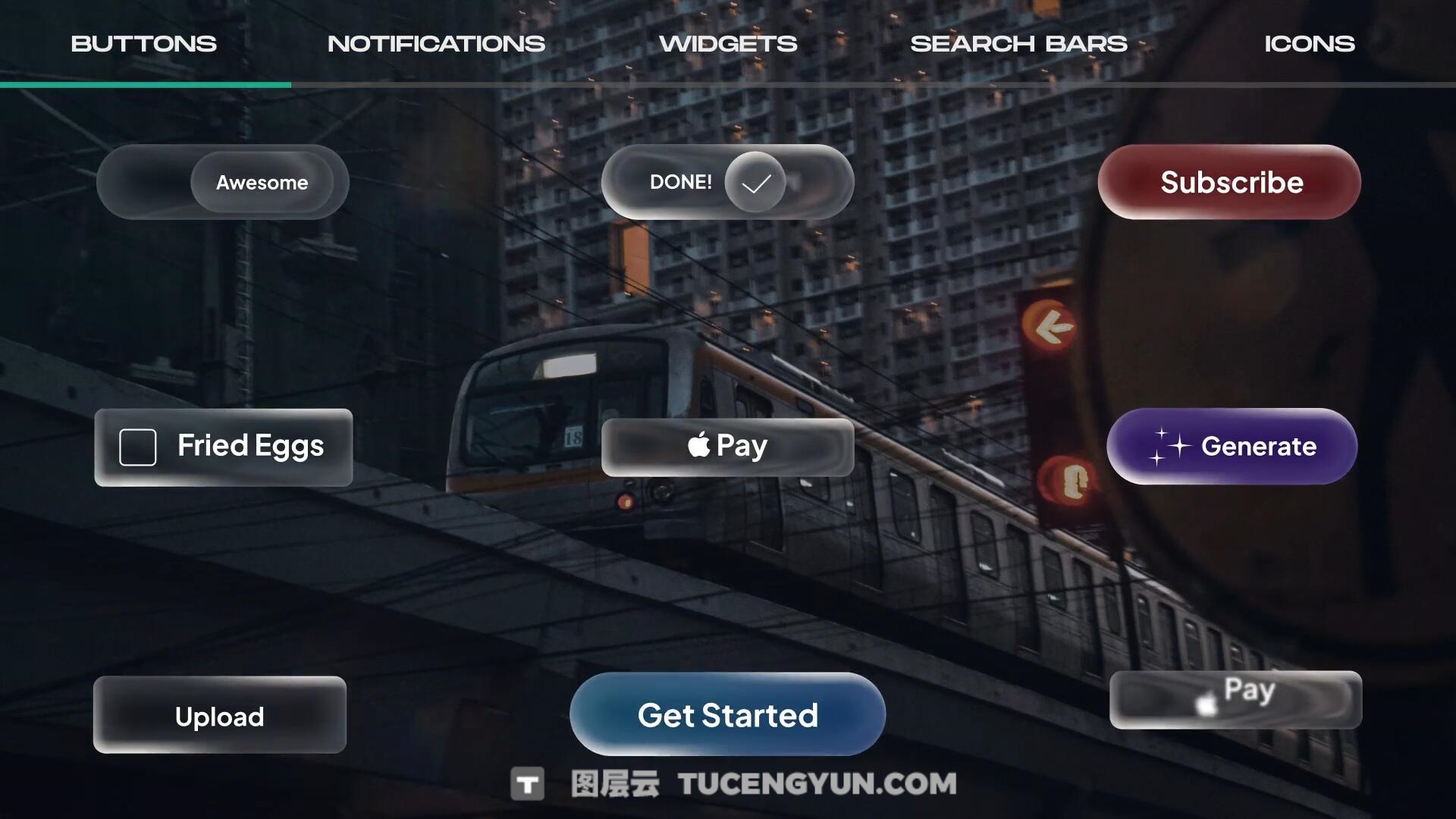 AE模板：苹果液态玻璃风格按钮、图标、通知、 部件、搜索栏UI动画模板（13859）