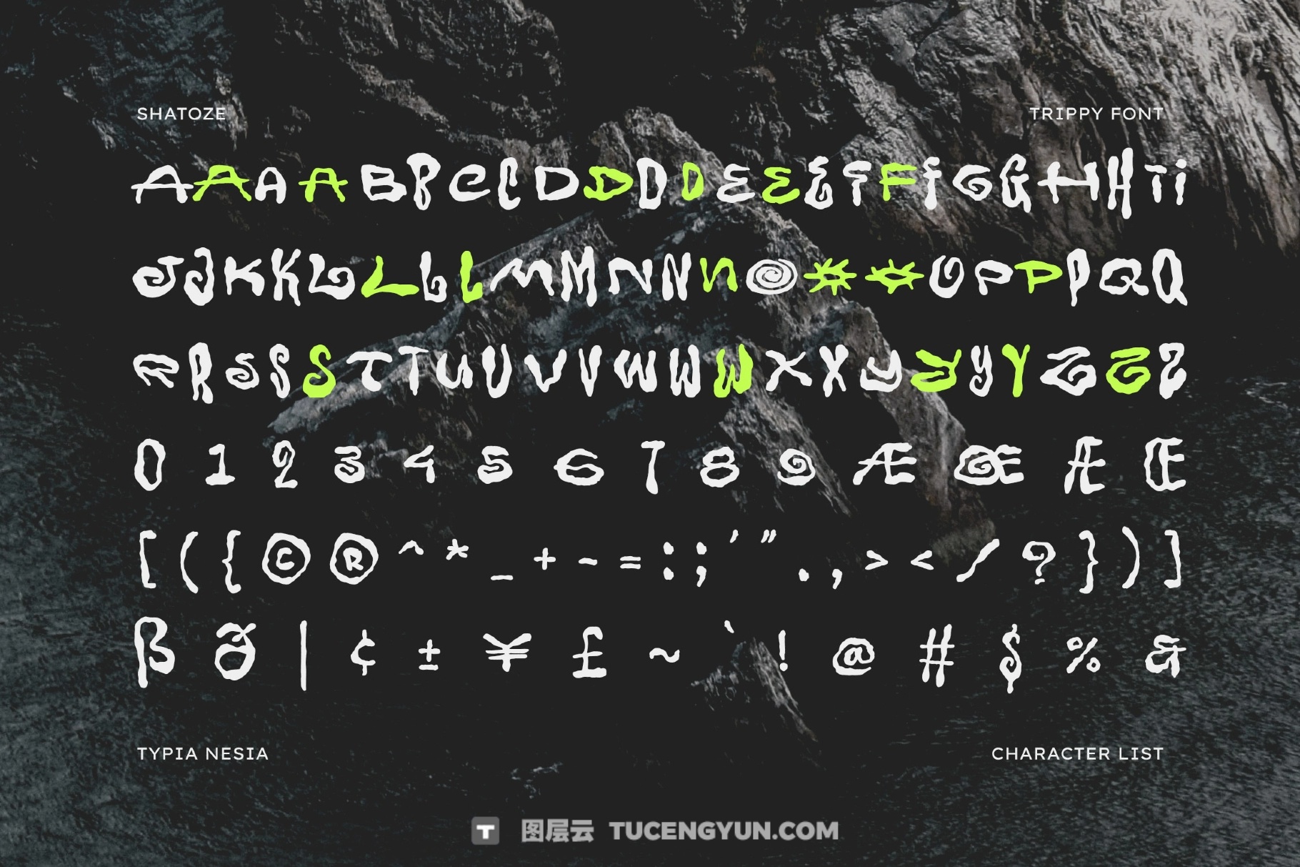 英文字体：迷幻怪诞实验性不规则手绘涂鸦美感封面海报设计字体 Shatoze（13926）
