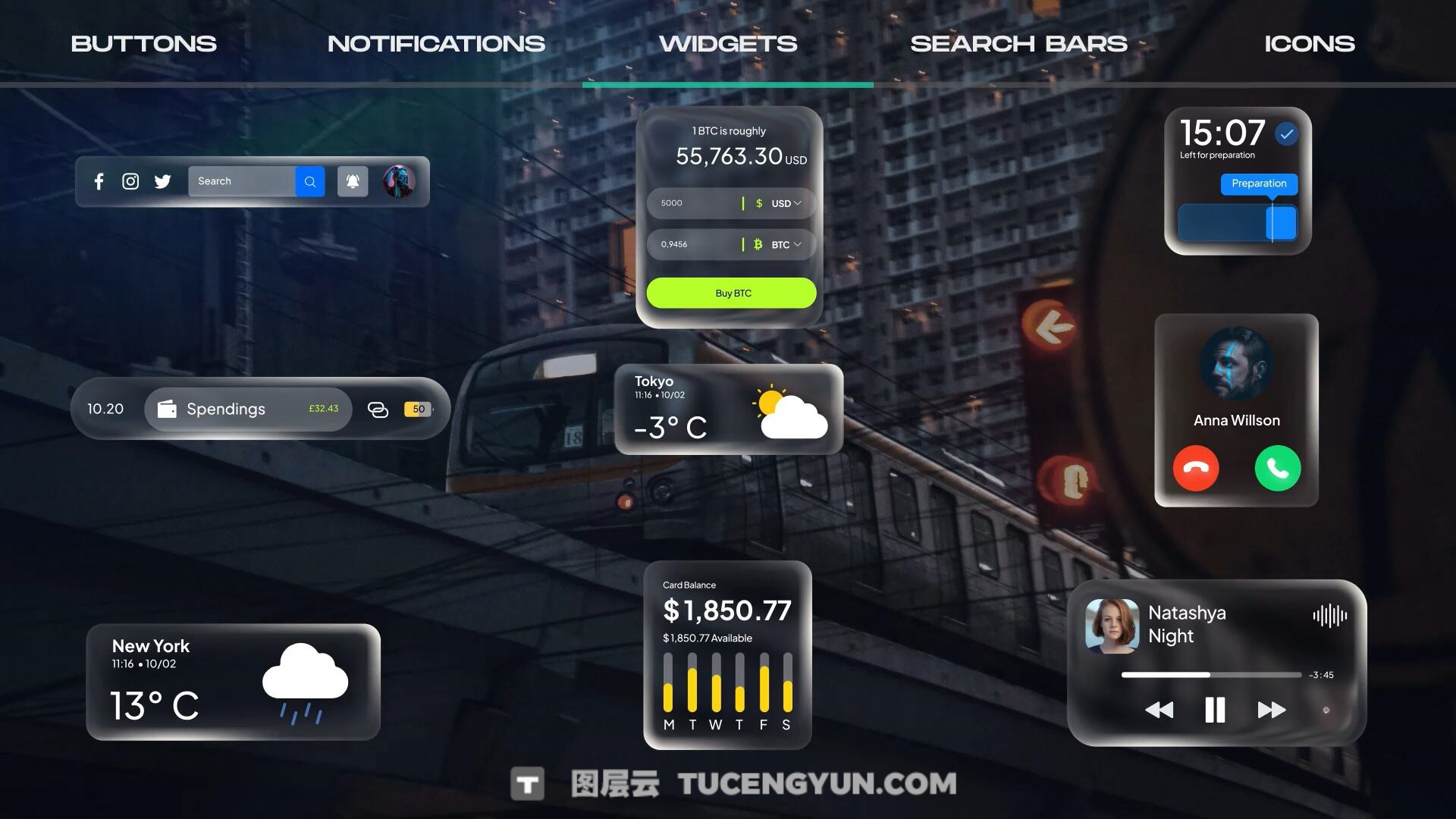 AE模板：苹果液态玻璃风格按钮、图标、通知、 部件、搜索栏UI动画模板（13859）