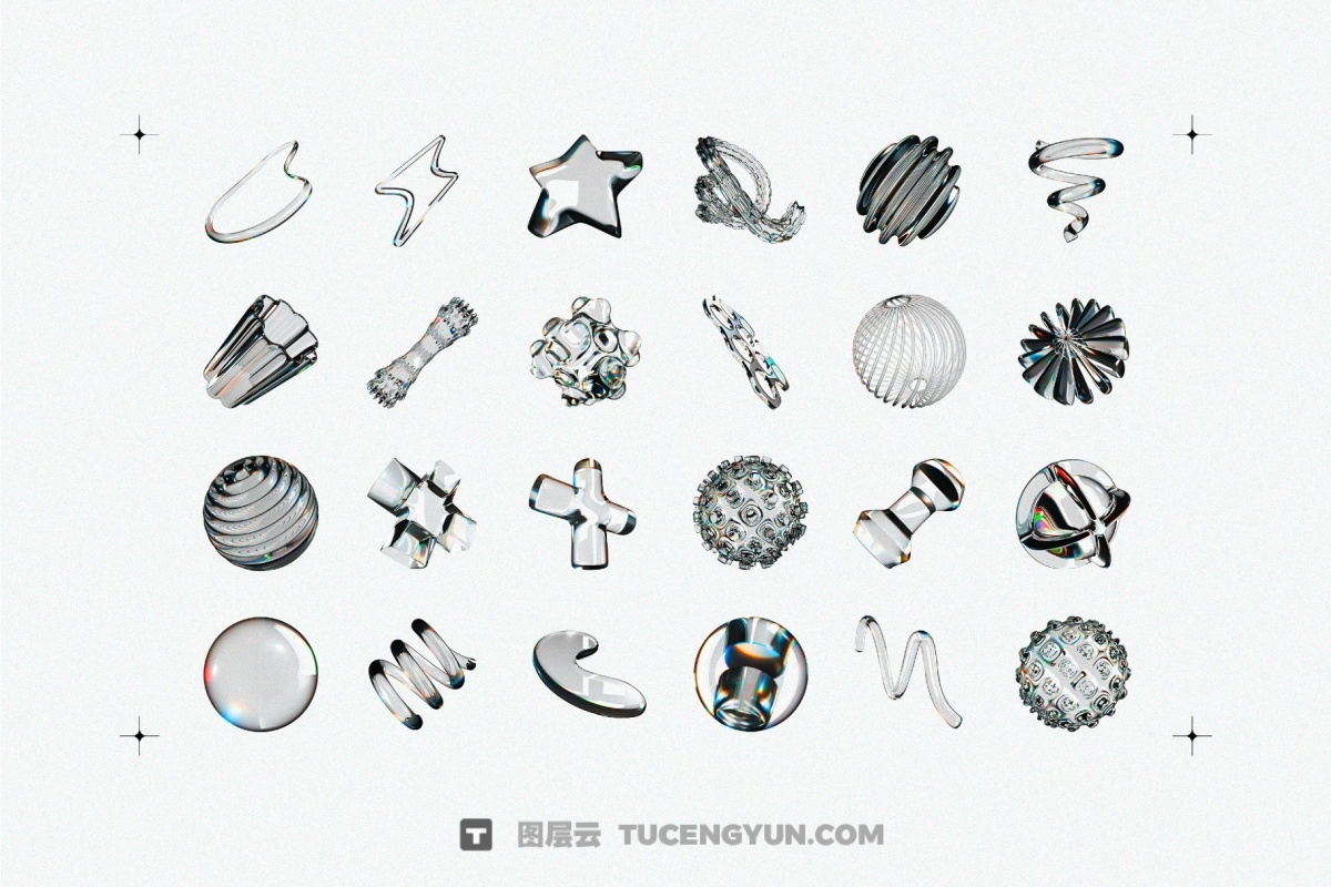 60种全新3D透明彩虹色散液态玻璃水晶形状PNG免抠图片素材（14002）