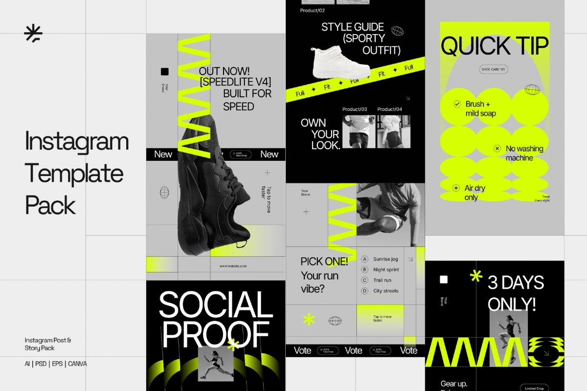 大胆野兽派几何极简主义运动时尚品牌Instagram模板包 Sportea – Sportwear Instagram Template Pack（14022）