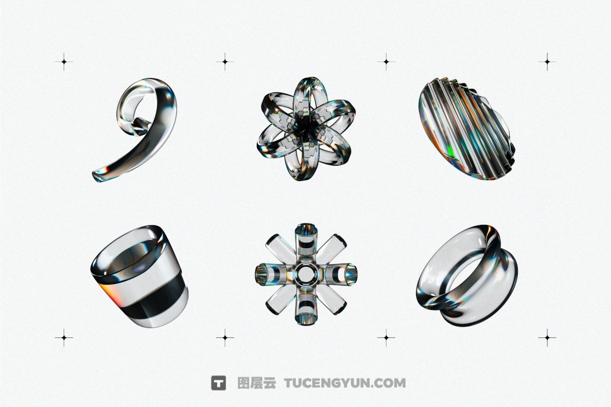 60种全新3D透明彩虹色散液态玻璃水晶形状PNG免抠图片素材（14002）