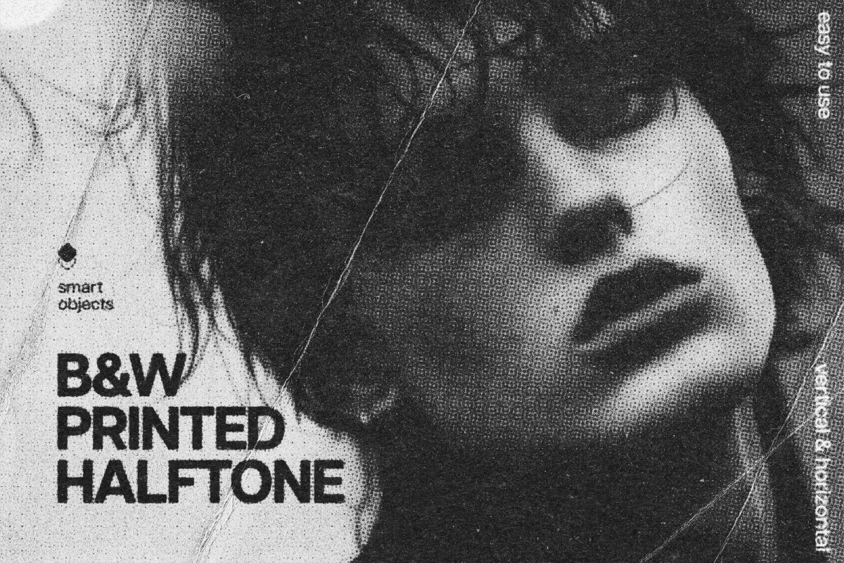 复古前卫半色调重度情绪电影颗粒叠加纹理效果PSD特效模板样机 B&W Printed Halftone Effect（12974）
