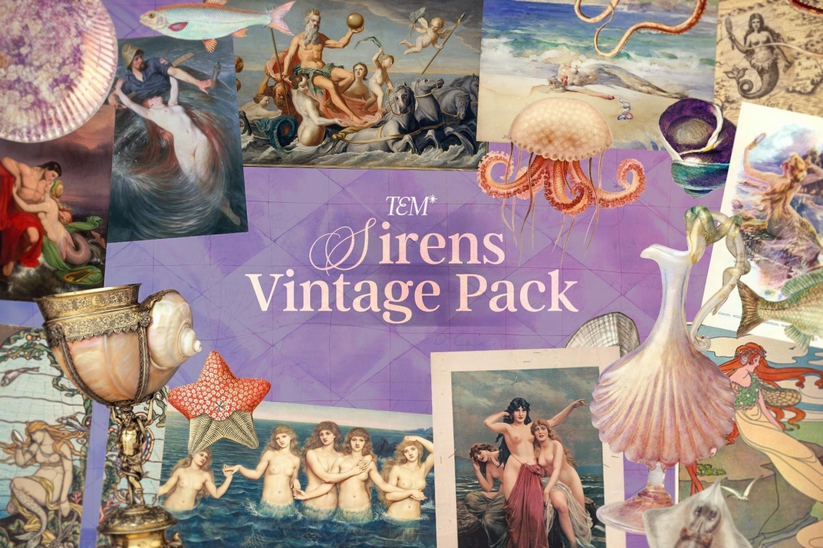 100个超现实主义拼贴艺术海洋神话西方油画塔罗牌画作图片珠宝贝壳PNG免扣图片插画素材 Sirens — Vintage Graphics Pack（13017）
