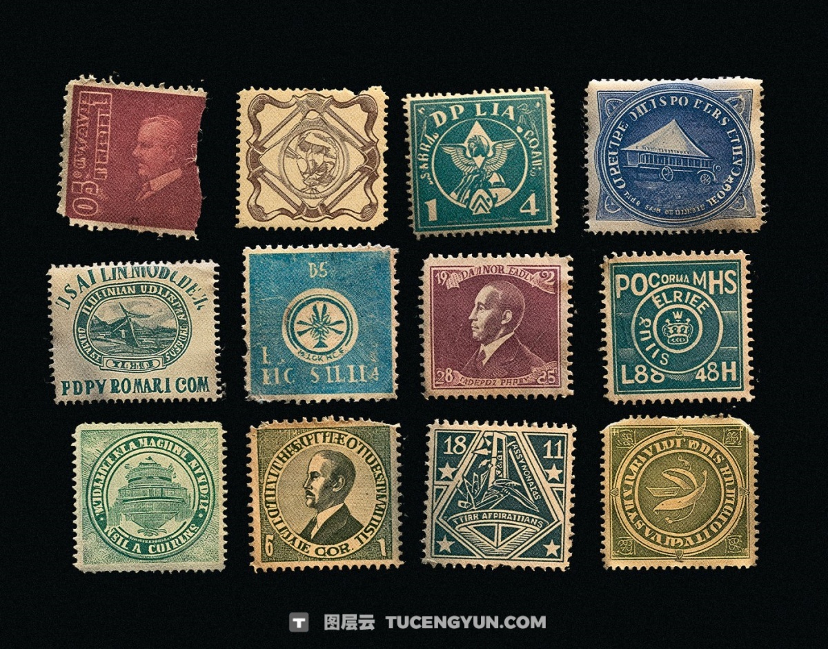 200个复古磨损破旧老化超逼真邮票人物元素插画PNG免扣图片设计元素 Züli – 200 Vintage Stamps PNG Pack（13993）