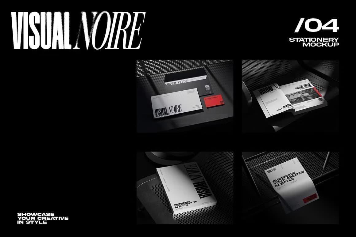 暗黑现代质感iPhone手机笔记本电脑帆布袋书籍画册海报广告横幅文创信封名片邀请函VI品牌PSD样机套装 Dark Style Branding Mockup Bundle（12987）