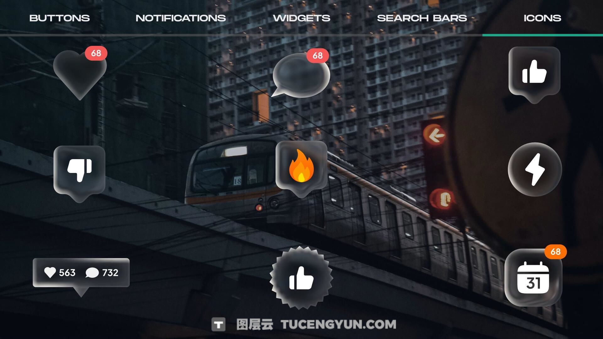 AE模板：苹果液态玻璃风格按钮、图标、通知、 部件、搜索栏UI动画模板（13859）